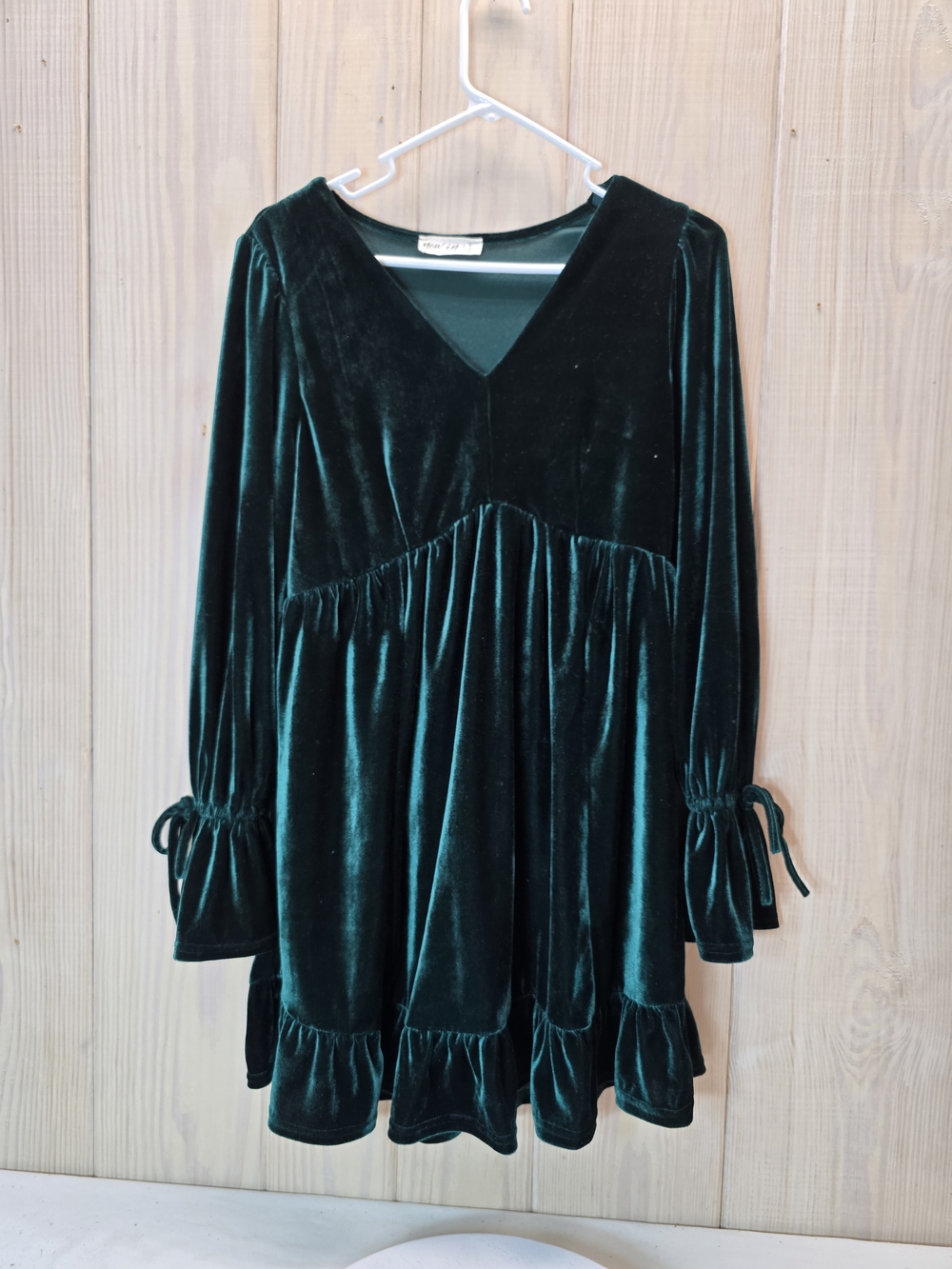 New IN Velvet V-Neck Long Sleeve Dress in Deep Green
